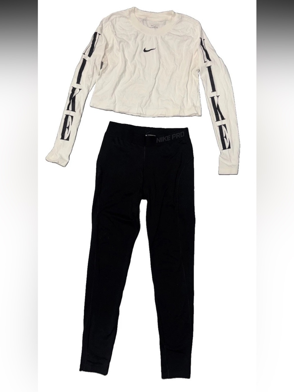 Nike Pro Dri Fit 2 Pc Set Cropped White L/S Boxy T Shirt (S) Black Leggings (M)